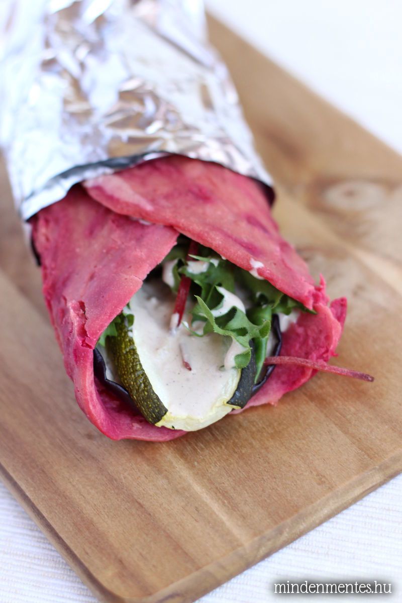 Céklás wrap grill zöldségekkel és tahini szósszal: glutén-, tojás-, tejtermékmentes, vegán, lowcarb recept