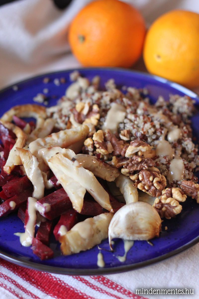 Sült zeller, cékla & quinoa tál narancsos tahini öntettel #vegán #gluténmentes |mindenmentes.hu