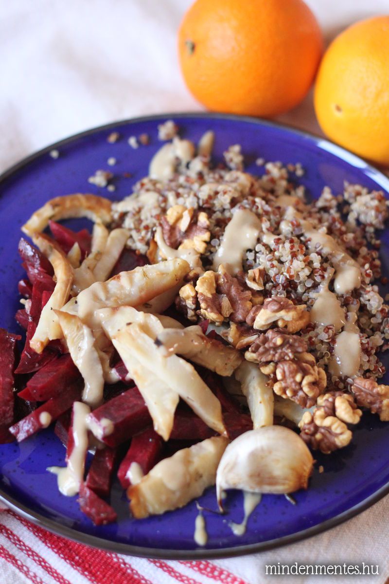 Sült zeller, cékla & quinoa tál narancsos tahini öntettel #vegán #gluténmentes |mindenmentes.hu
