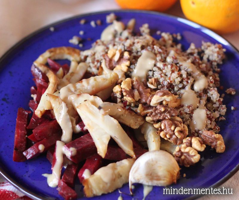 Sült zeller, cékla & quinoa tál narancsos tahini öntettel #vegán #gluténmentes |mindenmentes.hu